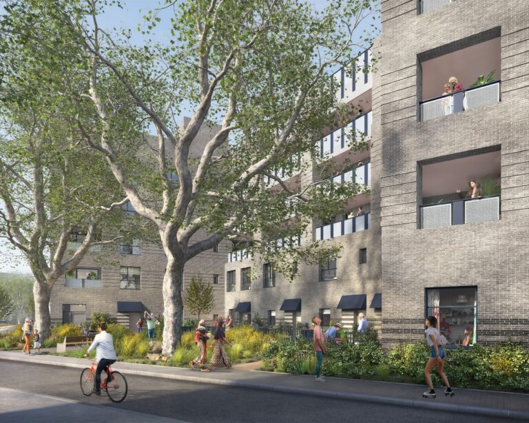 A modern apartment building with large trees and greenery in front, people walking and cycling on the street, and residents on their balconies and in the garden area.