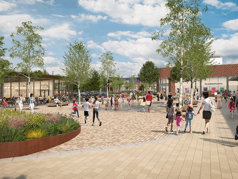 Artist impression of busy shopping precinct showing groups of people wandering through the space