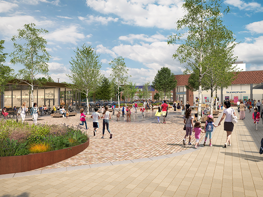 Artist impression of busy shopping precinct showing groups of people wandering through the space