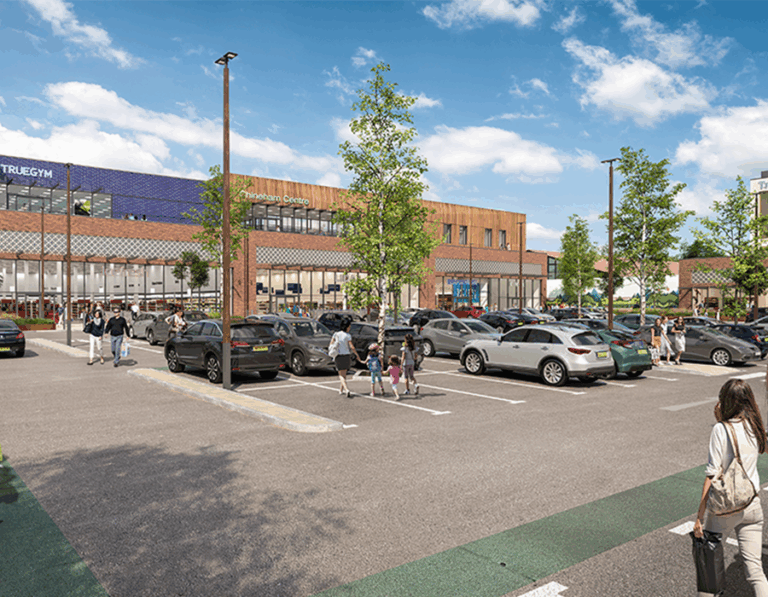 Artist rendering of Chineham Shopping Centre car park, with families walking from the cars to the shops