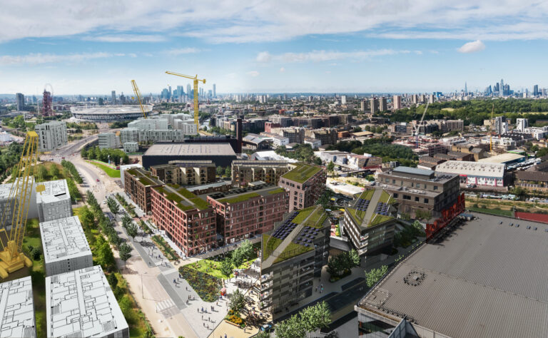East Wick and Streetwater modern complex with green roofs and large communal foot paths next to the London Stadium.