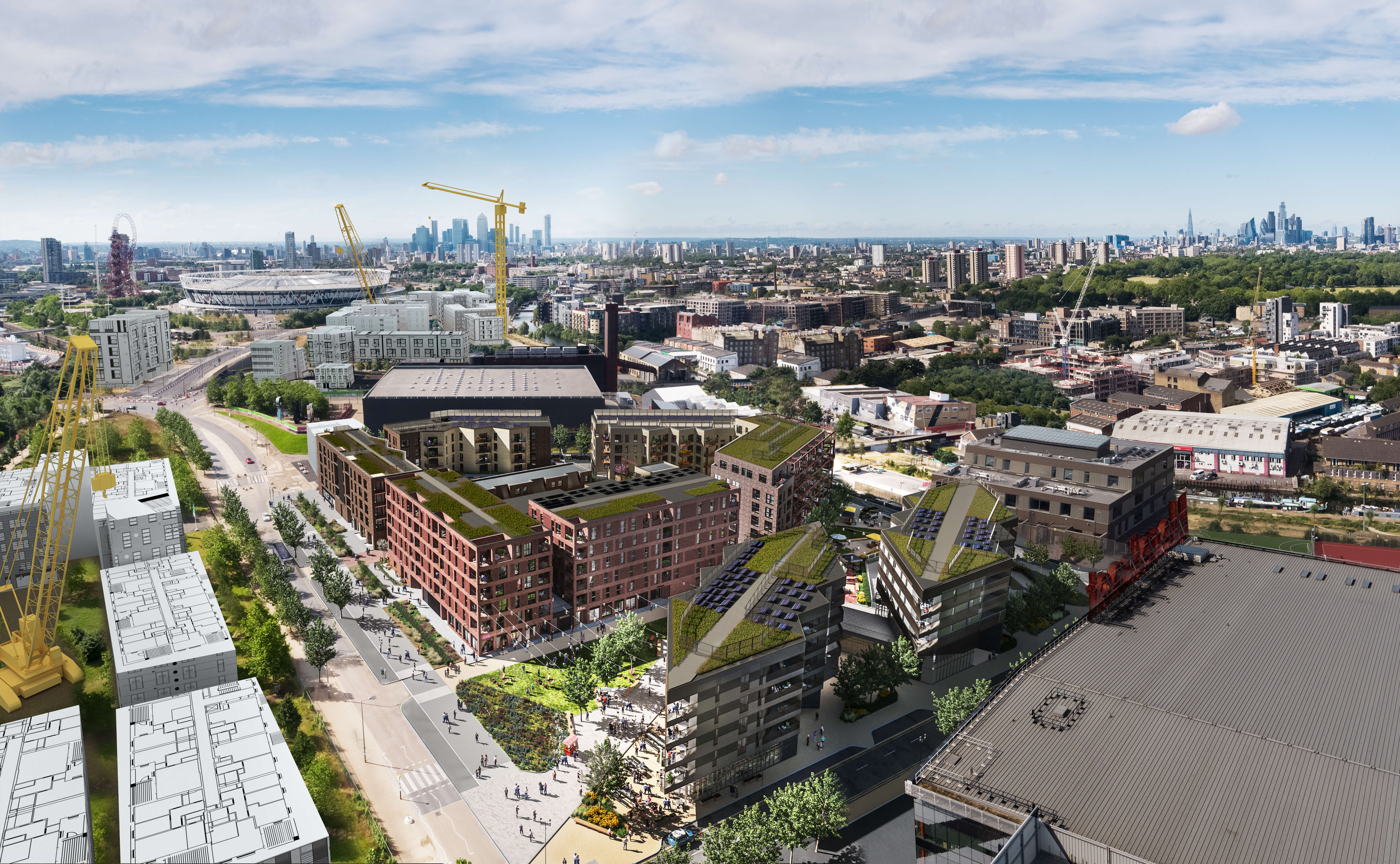 East Wick and Streetwater modern complex with green roofs and large communal foot paths next to the London Stadium.