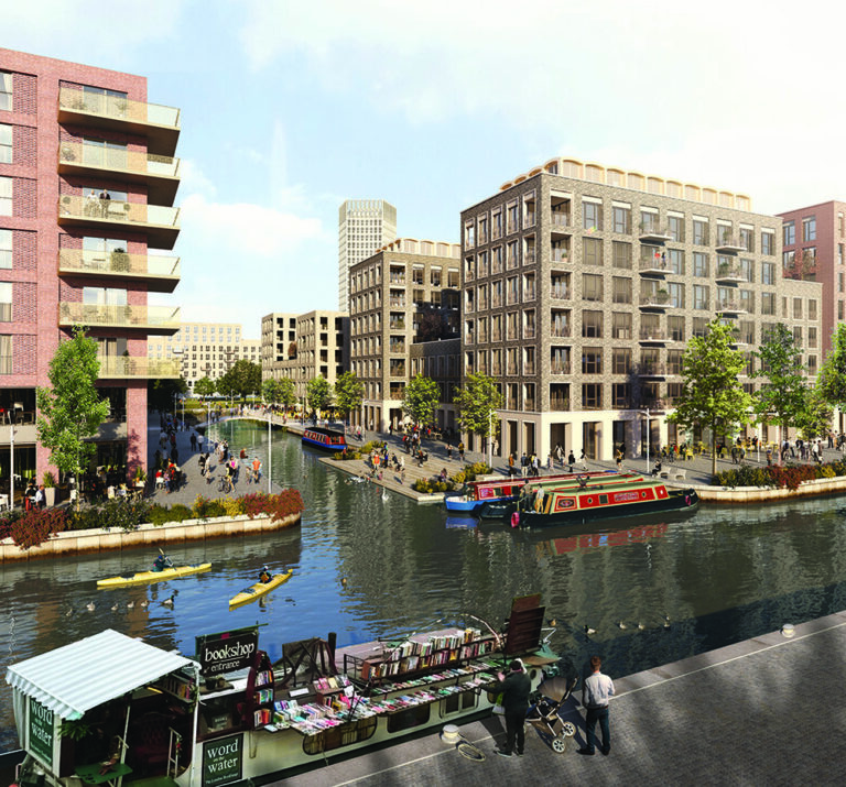 Merdian water, a luxury modern apartment complex overlooking a canal and boats. A large communal area with cafes and stalls.