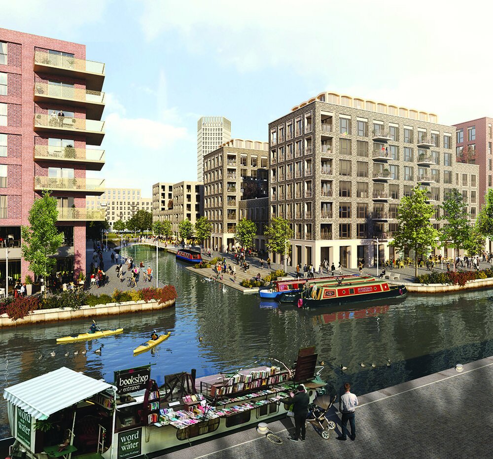 Merdian water, a luxury modern apartment complex overlooking a canal and boats. A large communal area with cafes and stalls.
