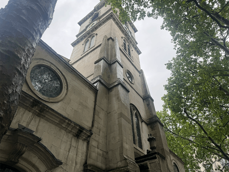 Image looking up at the St Clement Dane Spire