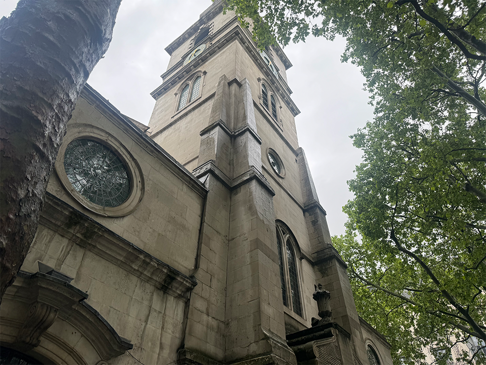 Image looking up at the St Clement Dane Spire