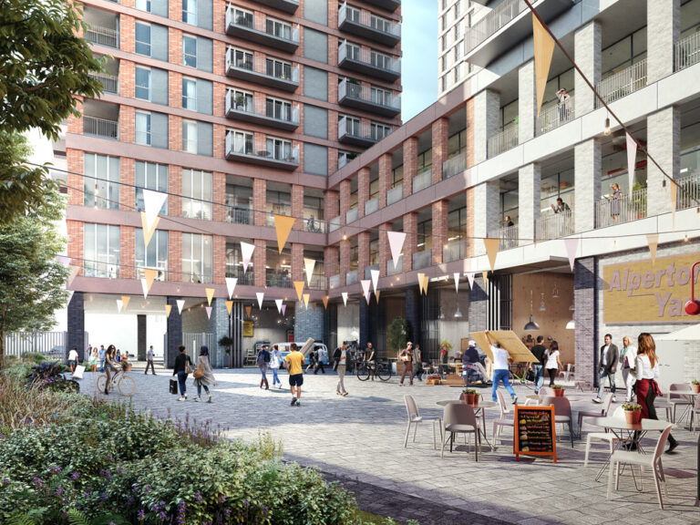 A square with modern buildings and balconies, filled with people eating, walking and cycling around.