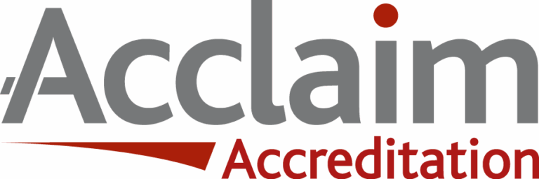 A grey and red modern png logo for 'Acclaim Accreditation'.