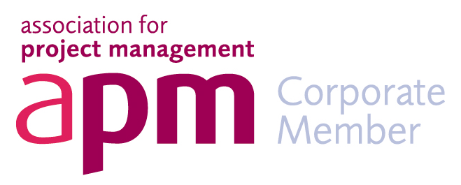 A vibrant and colourful logo for 'APM Corporate Member' coloured in light blue, maroon and pink.
