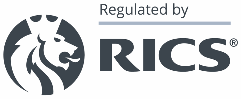 A Jpeg image of a dark and light grey logo for 'Regulated by RICS' with a lion wearing a crown design.