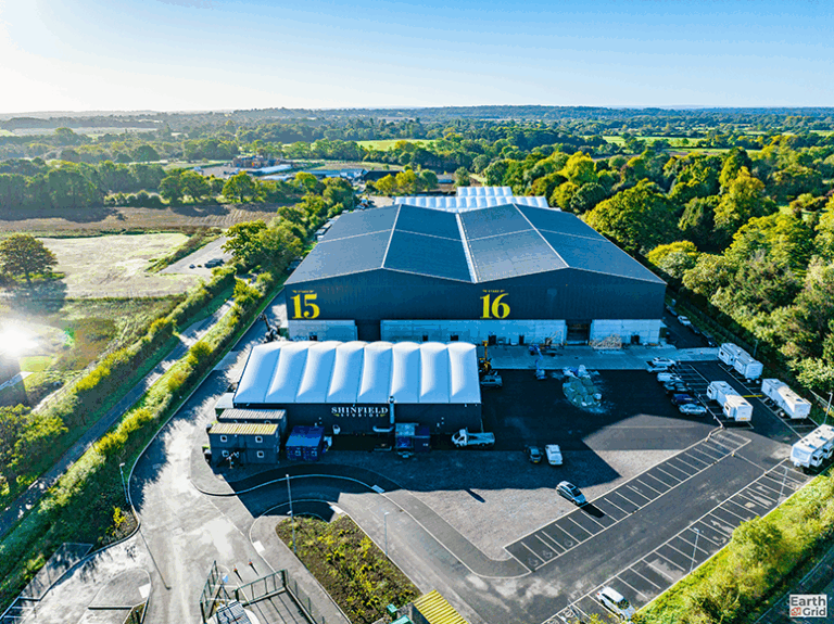 Aerial view of large warehouse buildings labeled 15 and 16.