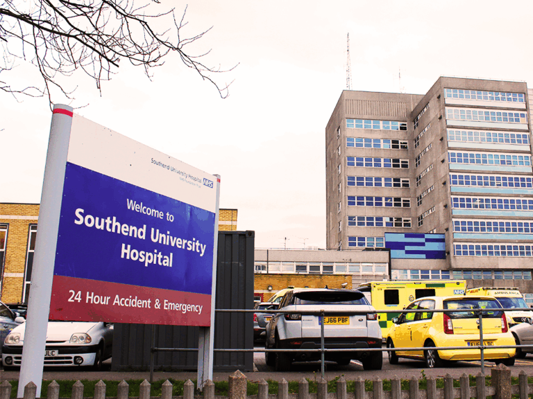 Southend University Hospital sign in front of hospital building