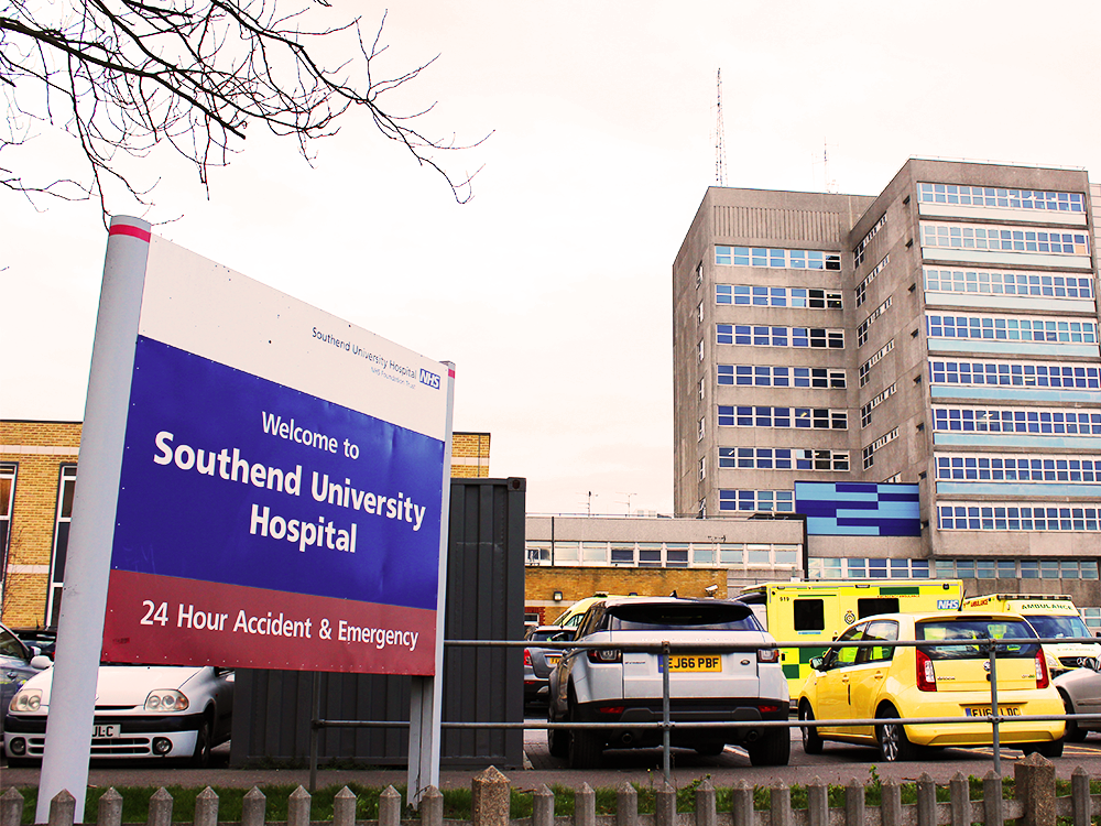 Southend University Hospital sign in front of hospital building