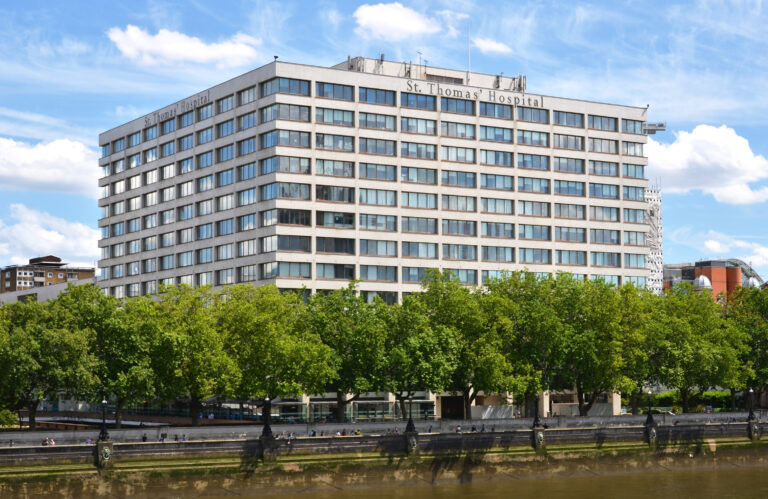 A large rectangular building labeled "St Thomas' Hospital standing behaind a line of green trees by the river under a clear blue sky.