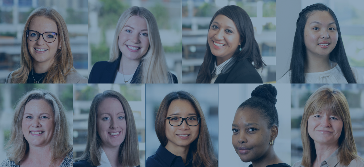 A homepage banner of a group of woman's headshots in a white, bright and modern workspace with greenery in the background.