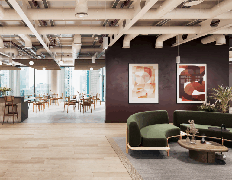 Computer generated imagery of a modern office reception area.