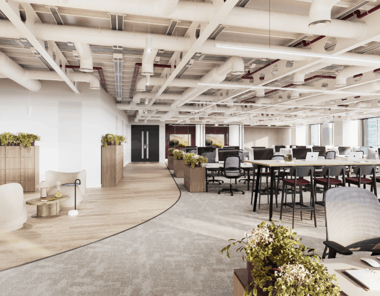 Computer generated imagery of a modern office reception area.