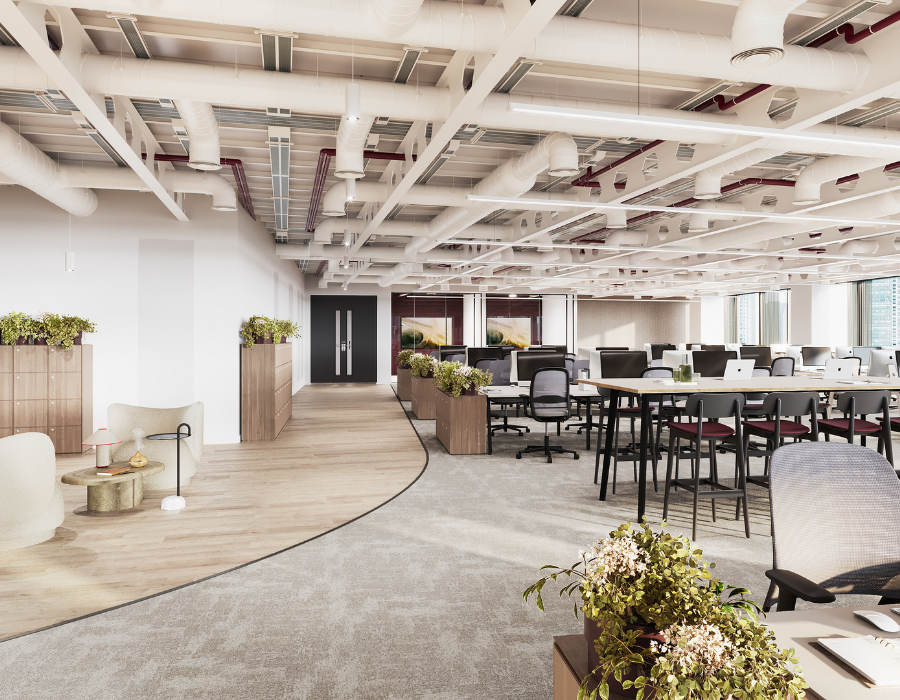 Computer generated imagery of a modern office reception area.