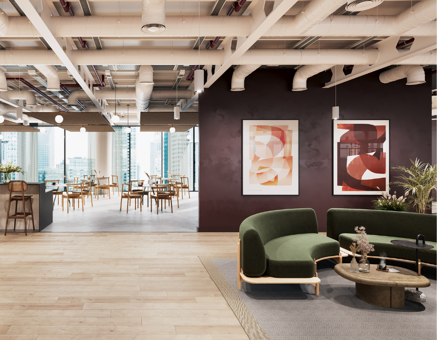 Computer generated imagery of a modern office reception area.
