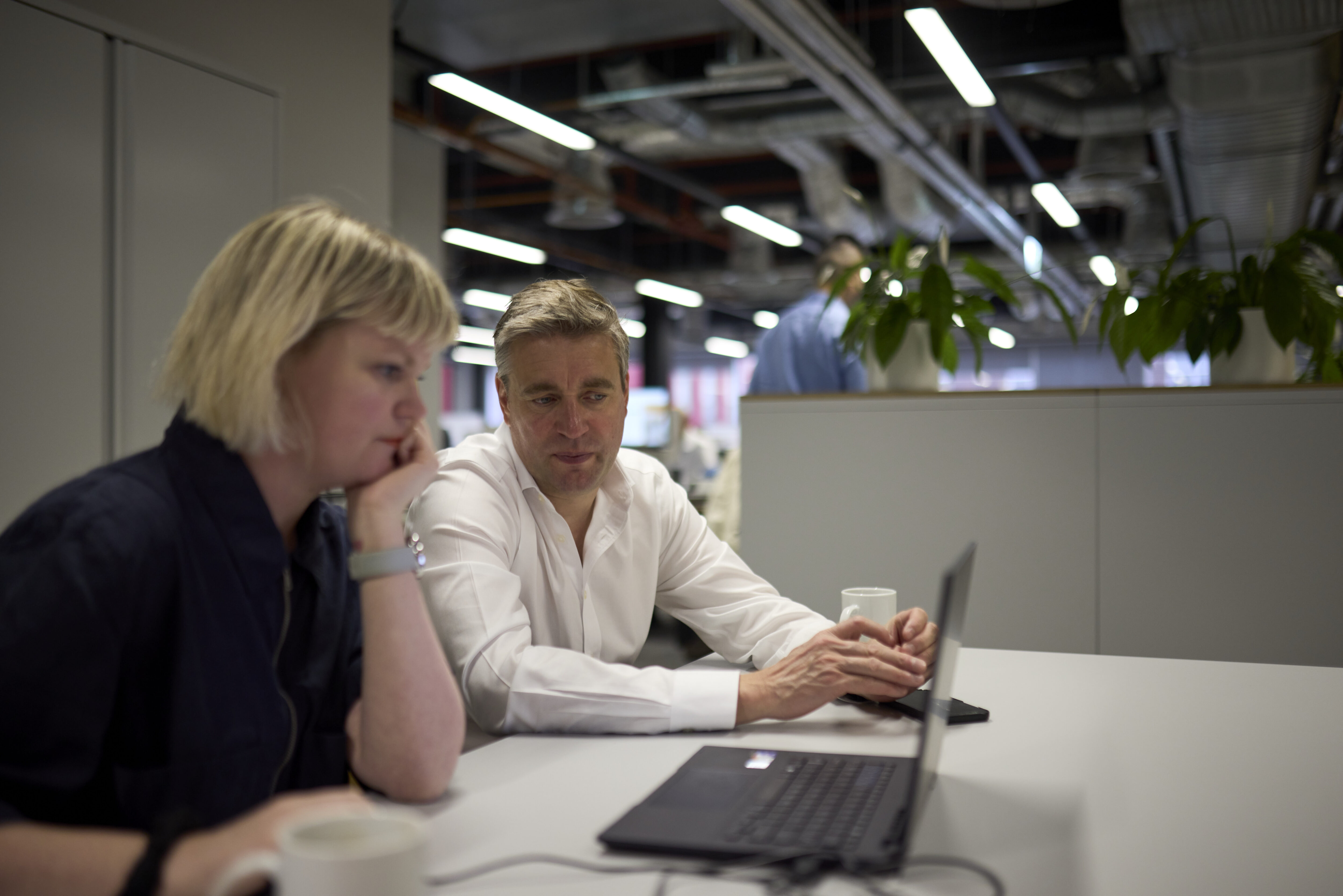Woman and Man focussed on laptop with office space in background