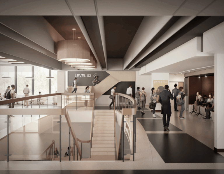 Artist impression of a hallway in Imperial College filled with students.