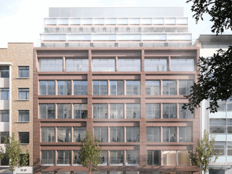 Computer generated imagery of the outside of an office building.