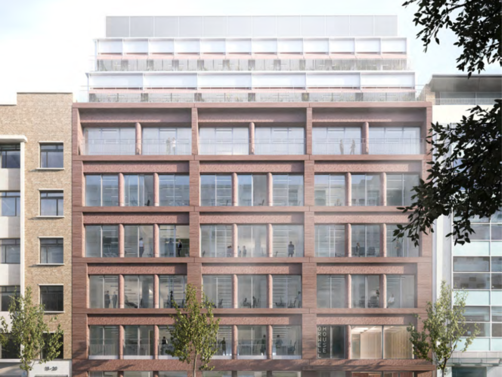 Computer generated imagery of the outside of an office building.