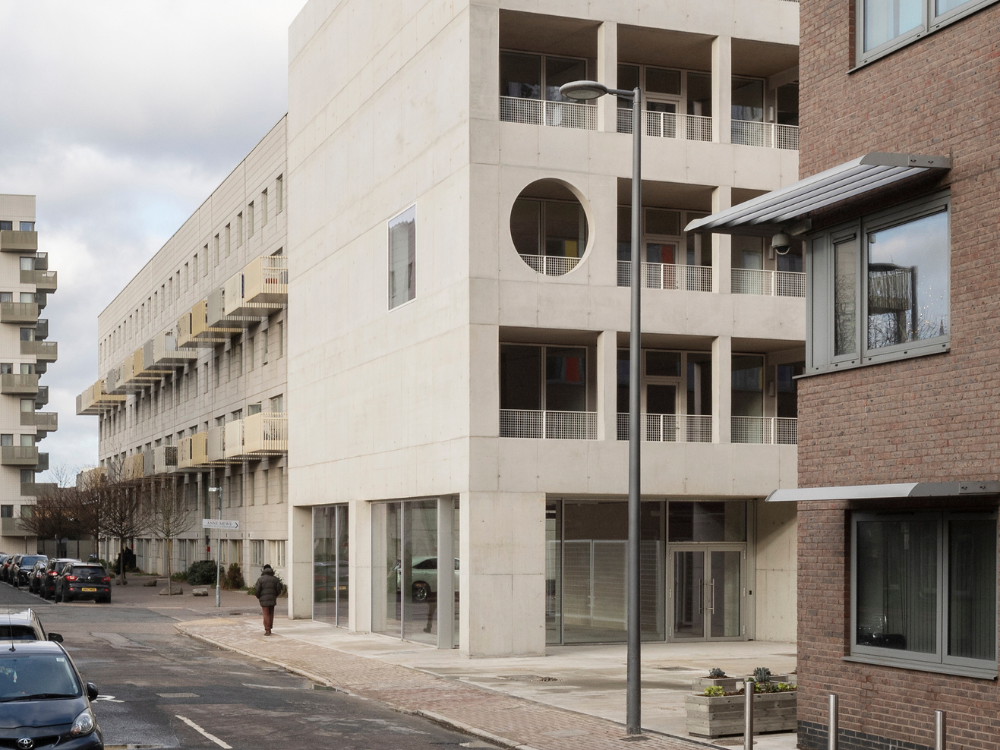 A street view of a residential building.