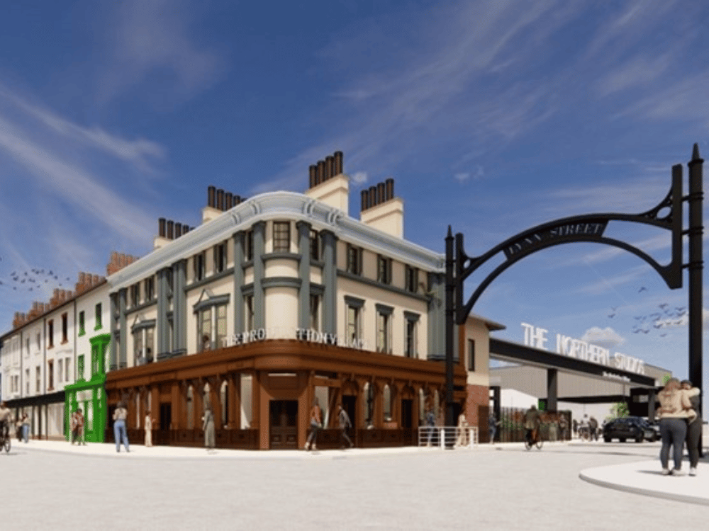 Artistic Impression of Hartlepool's Northern Studios expansion surrounded by people, vehicles, and trees.