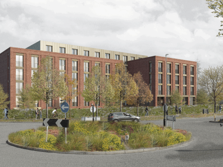 Computer generated imagery of a roundabout, road, pavement and outside of a student accommodation building.
