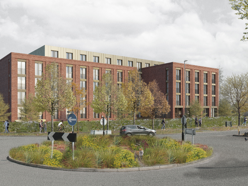 Computer generated imagery of a roundabout, road, pavement and outside of a student accommodation building.