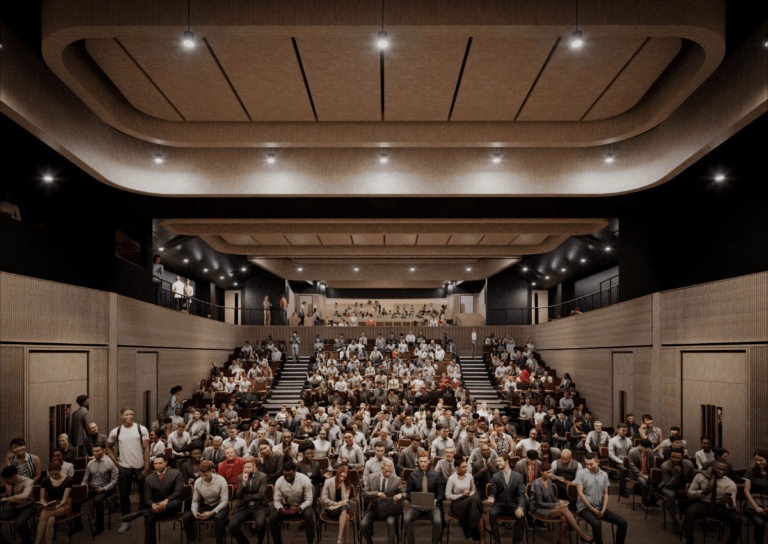 Artist impression of auditorium filled with students