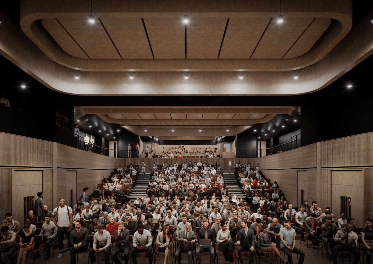 Artist impression of auditorium filled with students