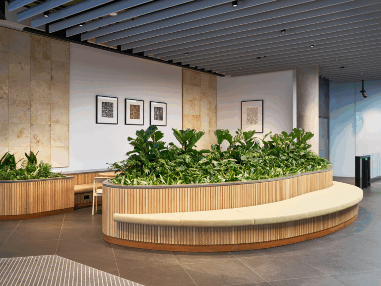 Reception area inside an office building.
