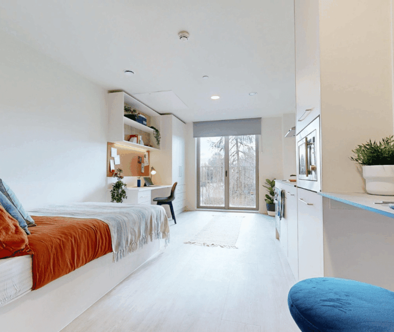 Inside 120 Longwood Close’s modern student studio with bed, desk, kitchen area, and large window.