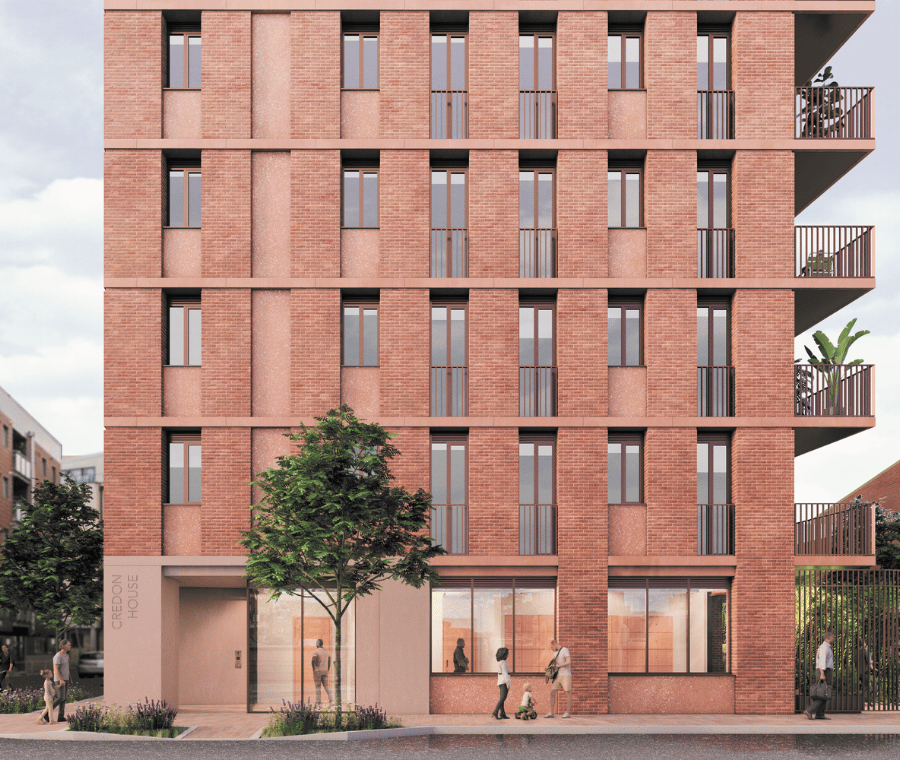 Architectural rendering of Ossory Road - a modern apartment building with large windows, balconies, and people walking along the street.
