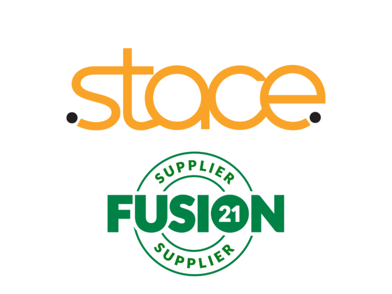 Stace logo in orange above Fusion21 logo.