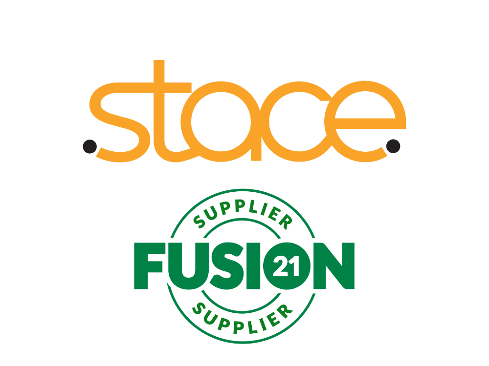Stace logo in orange above Fusion21 logo.