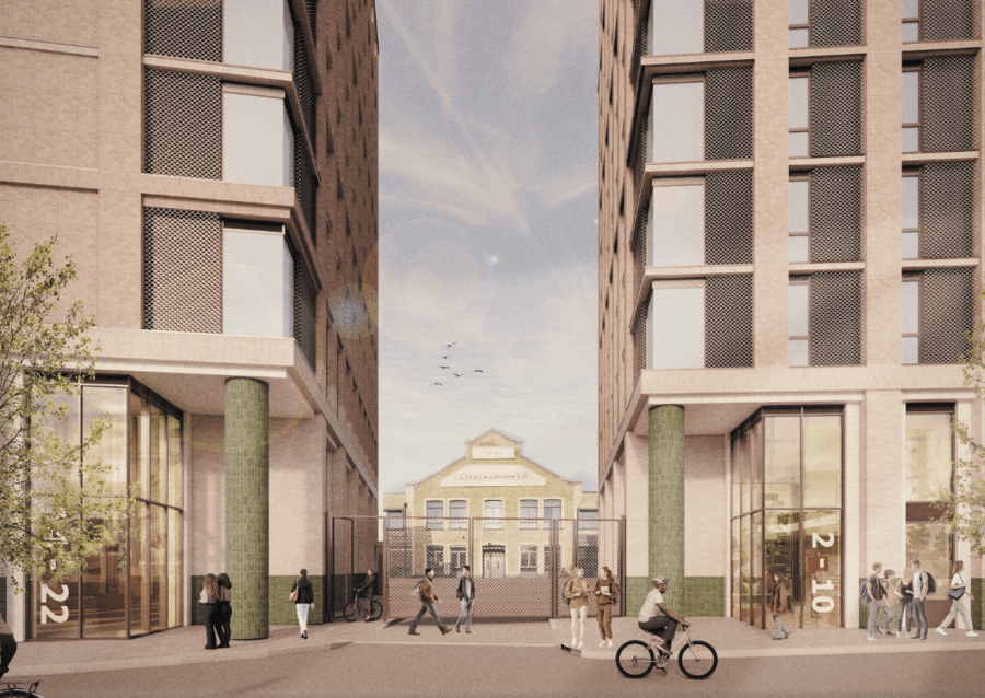 Architectural rendering of Credon House featuring two modern high-rise buildings with green columns at the base, and people walking and cycling in the open plaza between the towers.