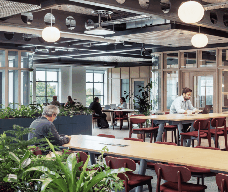 Inside One Great Cumberland Place's modern open-plan office with large windows, plants, and communal tables.