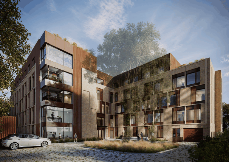 A CGI rendering of Hearh House, a modern multi-storey residential building with large windows, balconies, rooftop garden, and landscaped courtyard.