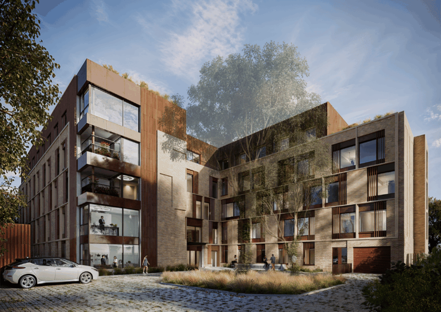 A CGI rendering of Hearh House, a modern multi-storey residential building with large windows, balconies, rooftop garden, and landscaped courtyard.