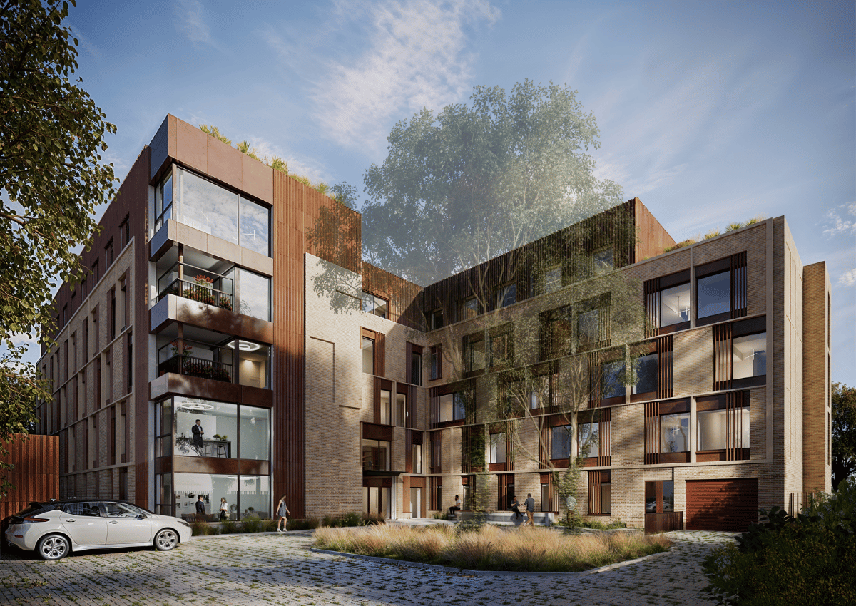 A CGI rendering of Hearh House, a modern multi-storey residential building with large windows, balconies, rooftop garden, and landscaped courtyard.