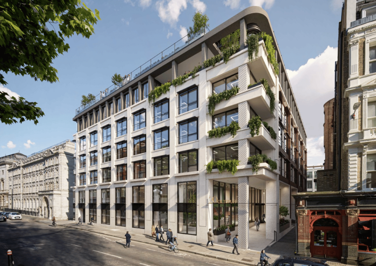 Computer generated imagery of 20 Giltspur Street, a modern office building with large windows and greenery on terraces at a street corner.